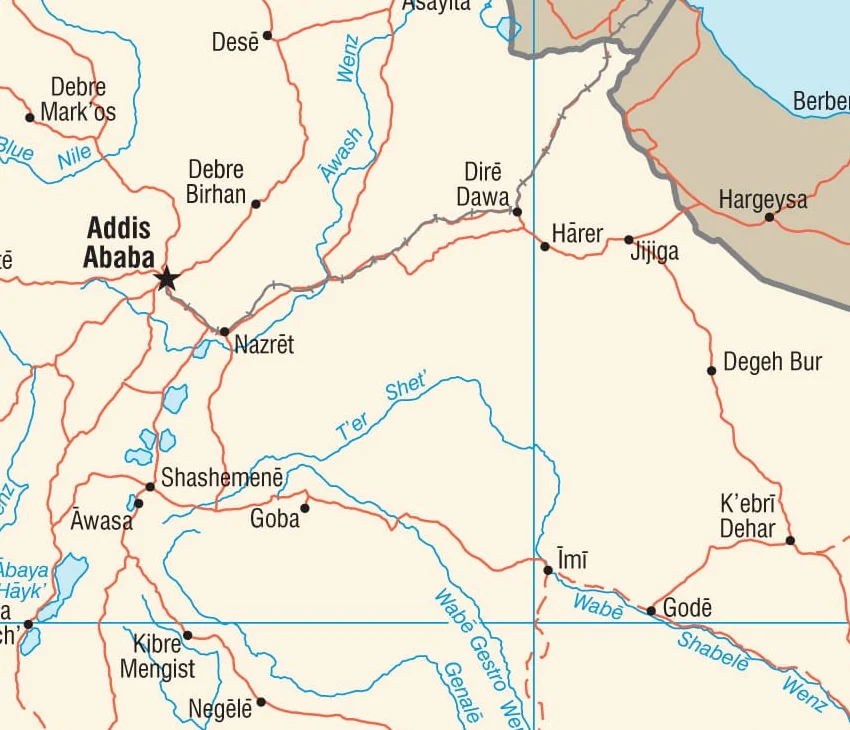 Detalle del mapa de transporte de Etiopía con Addis Abeba, Debre Birhan, Nazret, Awasa, Shashamene, Dire Dawa, Harer y Jijiga