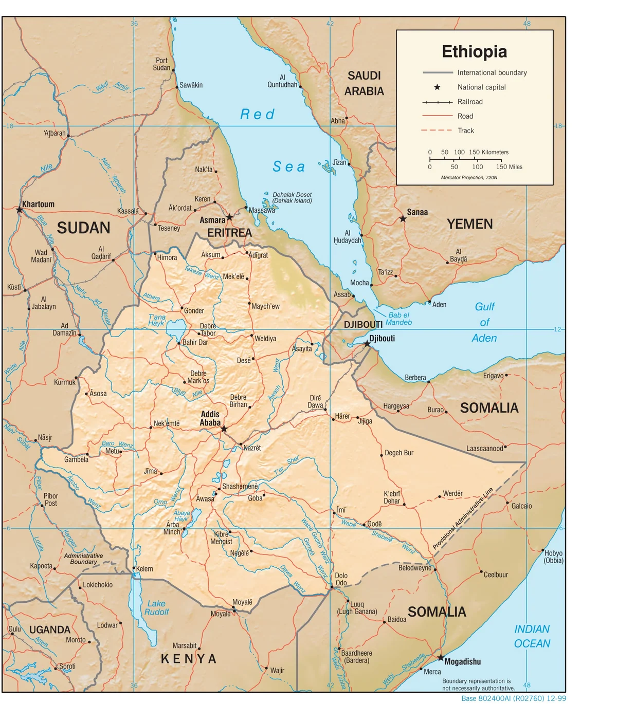 Mapa físico de Etiopía y el Cuerno de África con relieve, ríos, lago Tana, lago Turkana, carreteras, ferrocarril y países vecinos