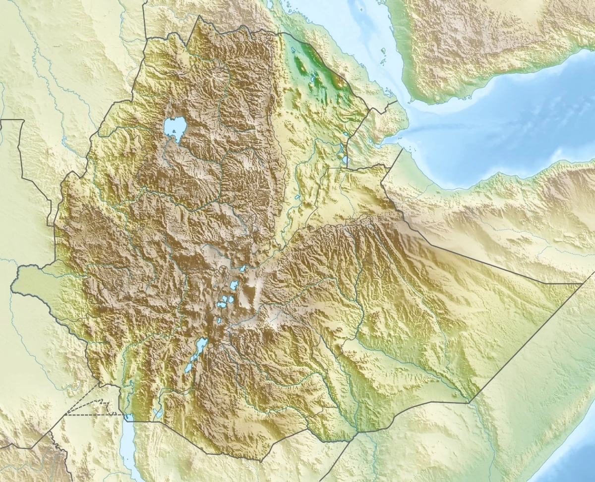 Mapa de relieve de Etiopía con tierras altas, valle del Rift, depresión de Afar, lago Tana y países vecinos