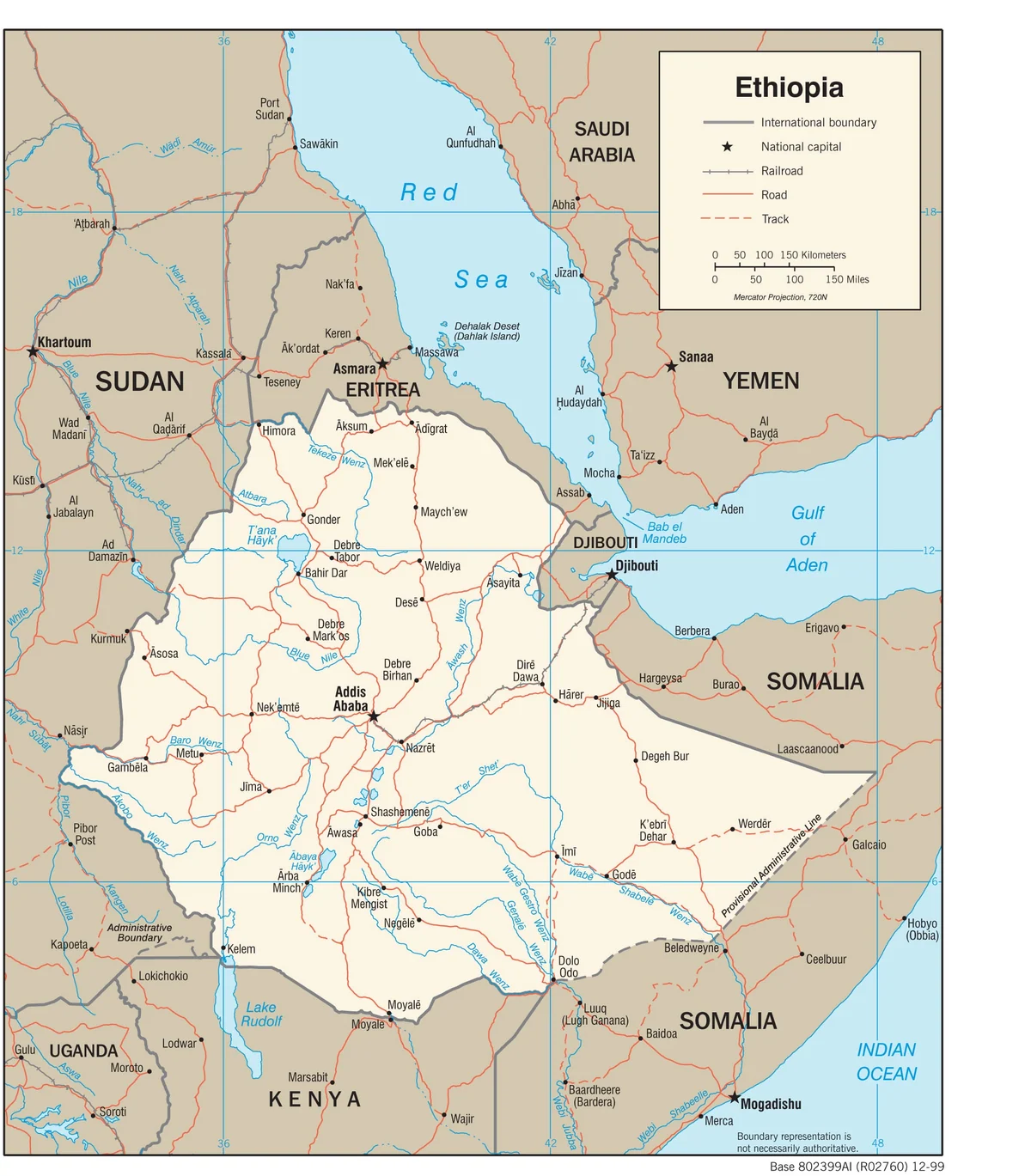 Mapa de transporte de Etiopía con carreteras, vías ferroviarias, Addis Abeba, Dire Dawa, Yibuti, Bahir Dar, Gondar, Mekele, Awasa y fronteras