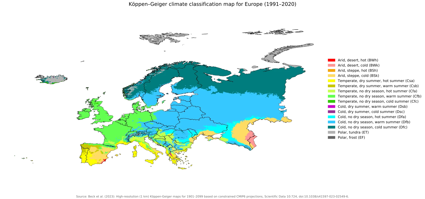 Mapa de Europa con clasificación climática Köppen-Geiger 1991-2020
