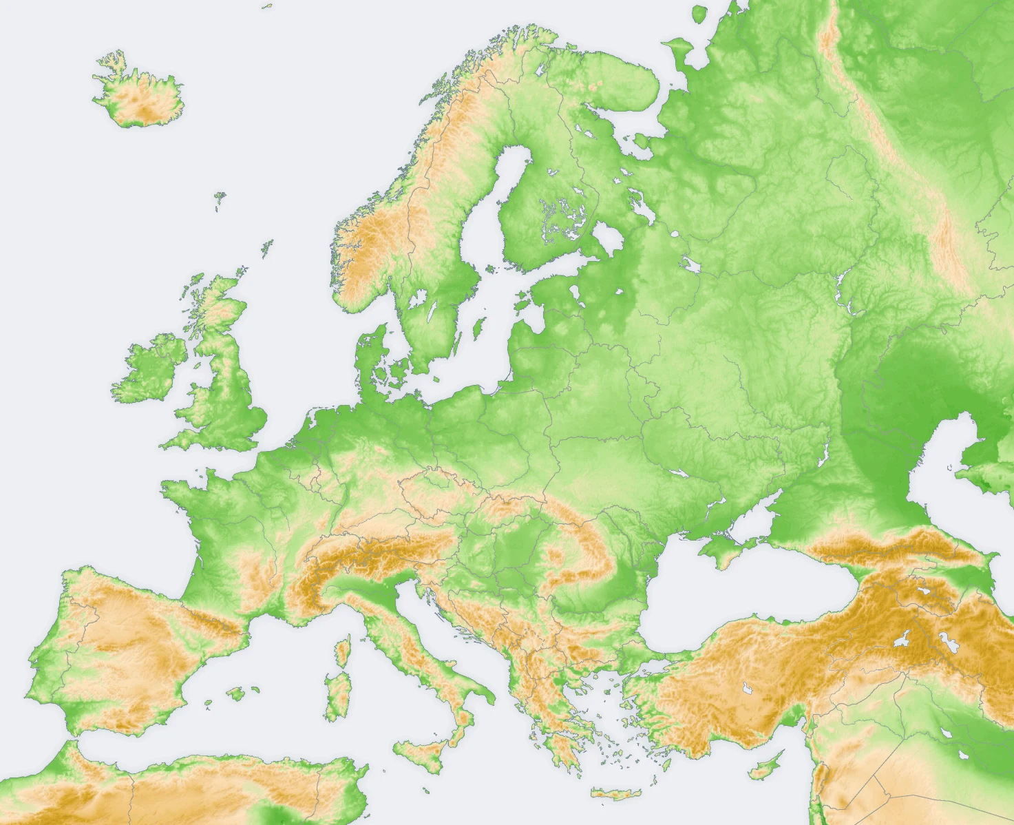 Mapa físico de Europa con llanuras, cordilleras, costas y relieve sin etiquetas políticas