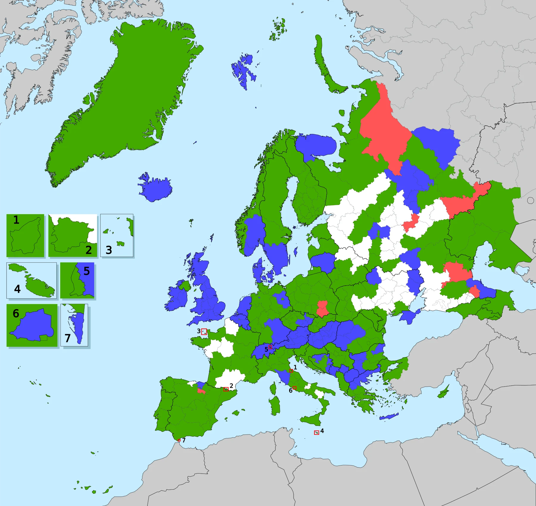 Mapa político de Europa con estados soberanos, dependencias y territorios insulares