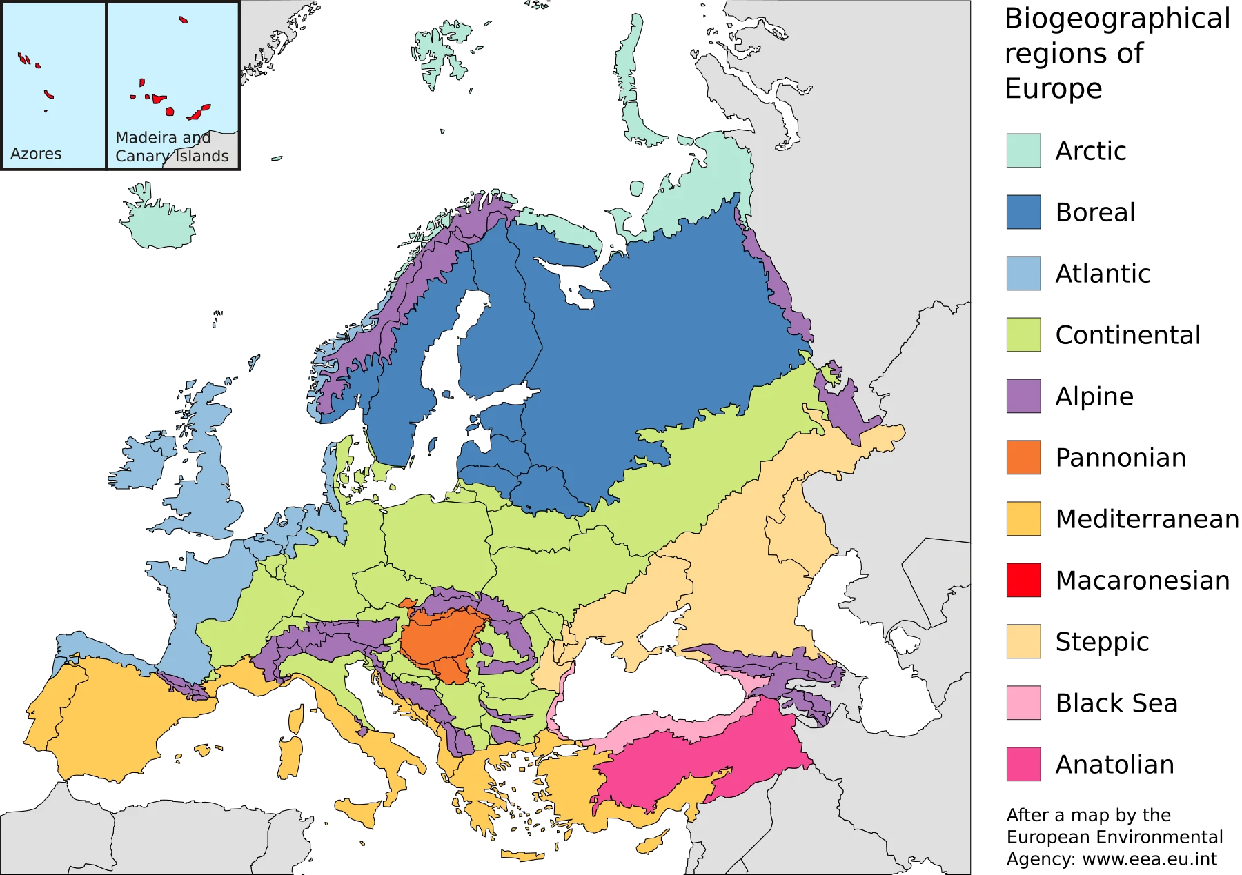 Mapa de Europa con regiones biogeográficas y fronteras nacionales