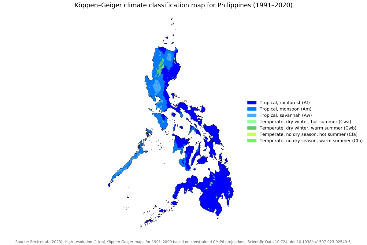 Mapa de Filipinas con clasificación climática Köppen-Geiger 1991-2020