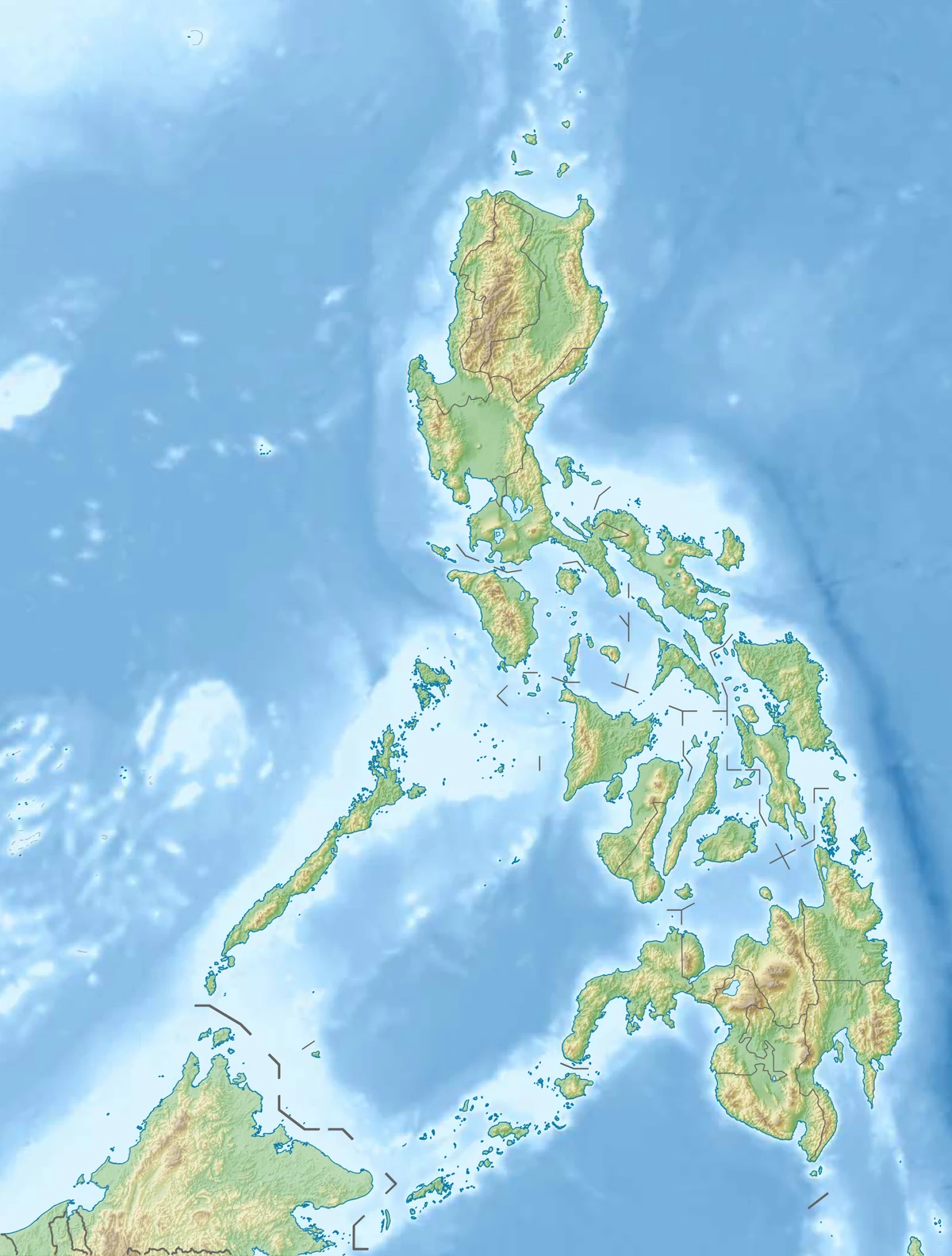 Mapa físico de Filipinas con relieve montañoso, costas, islas, fondos marinos y Borneo al suroeste