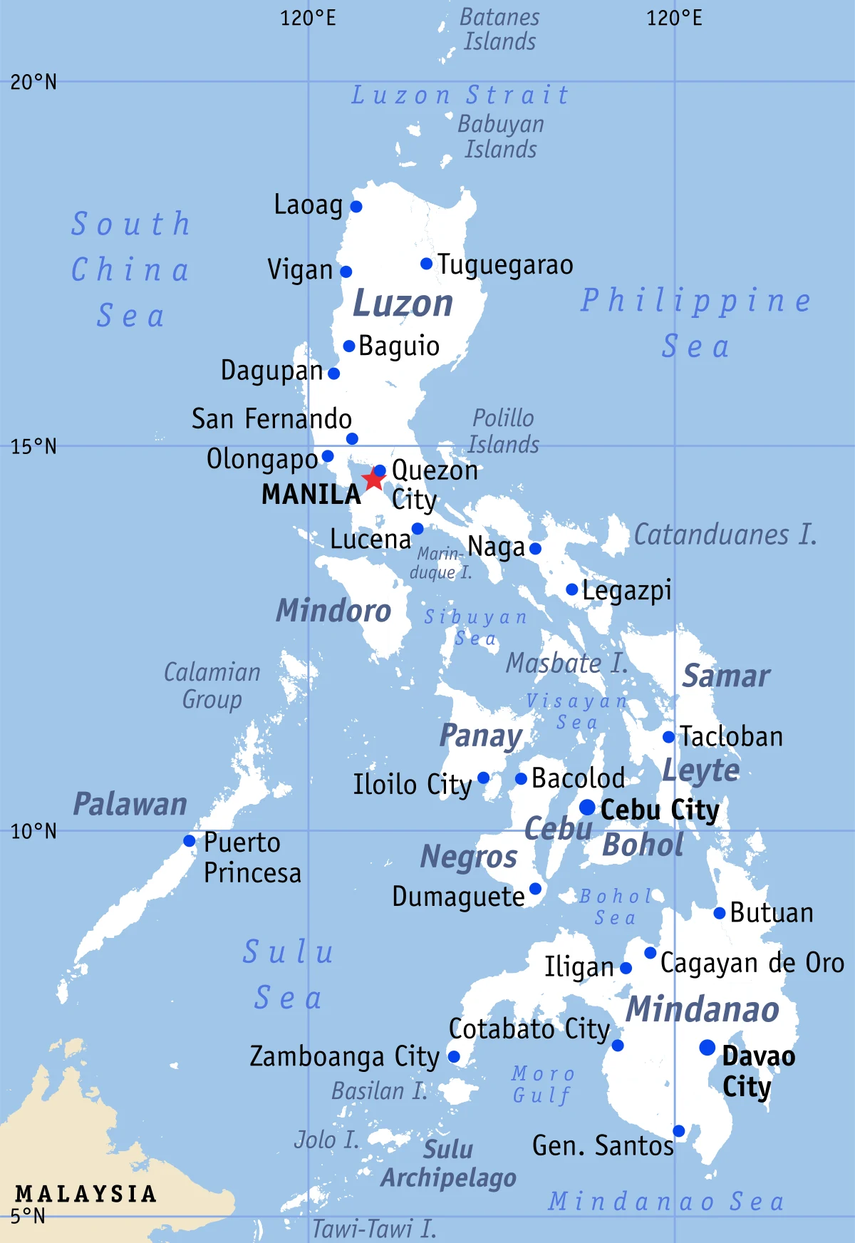 Mapa general de Filipinas con Luzon, Visayas, Mindanao, Palawan, Manila, Cebu, Davao y mares vecinos