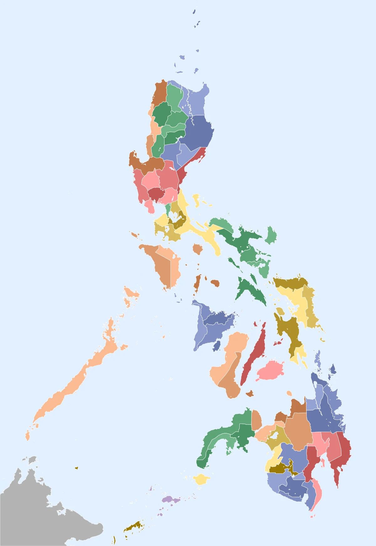 Mapa de Filipinas con provincias delimitadas y colores por regiones administrativas