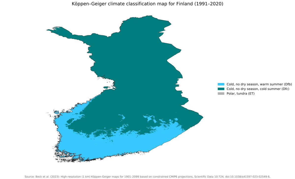 Mapa de Finlandia con clasificación climática Koppen-Geiger 1991-2020 y categorias Dfb, Dfc y ET