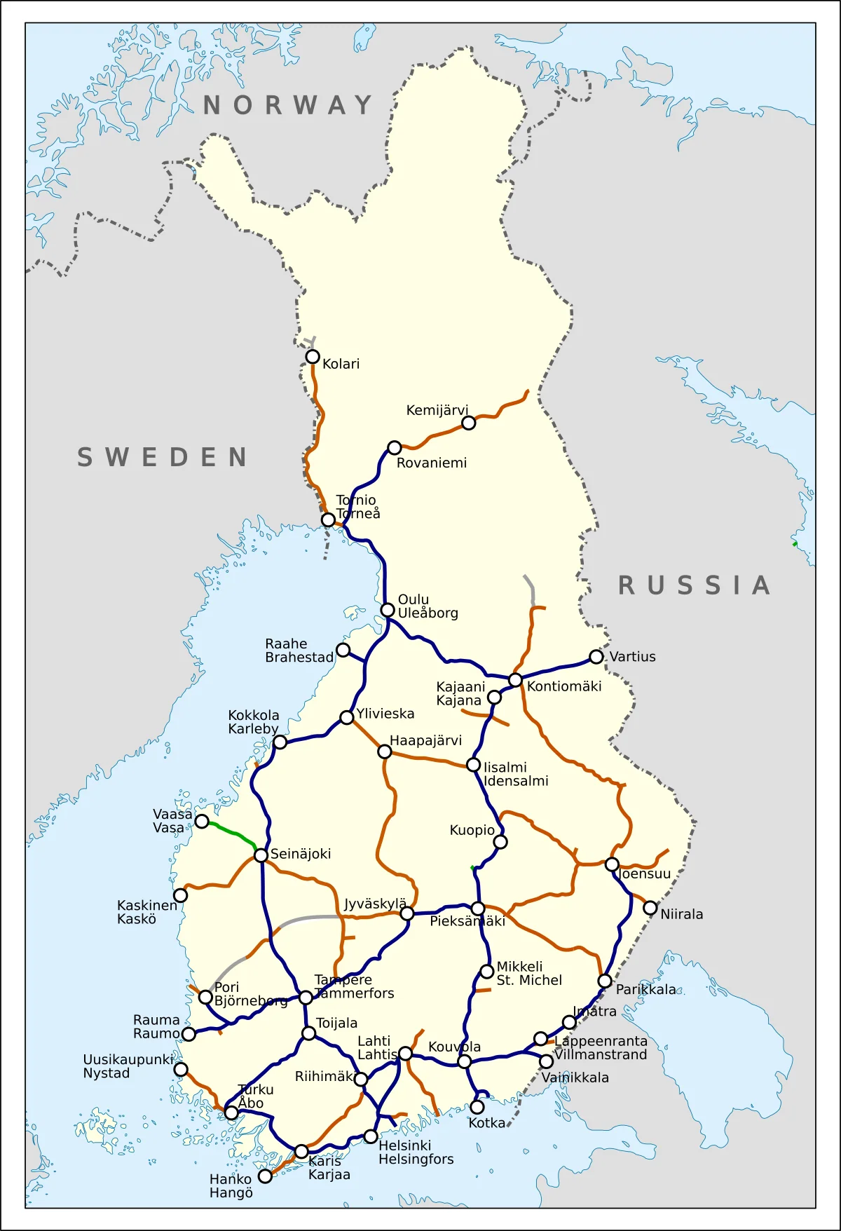 Mapa de la red ferroviaria de Finlandia con lineas electrificadas, no electrificadas, discontinuadas y ciudades principales