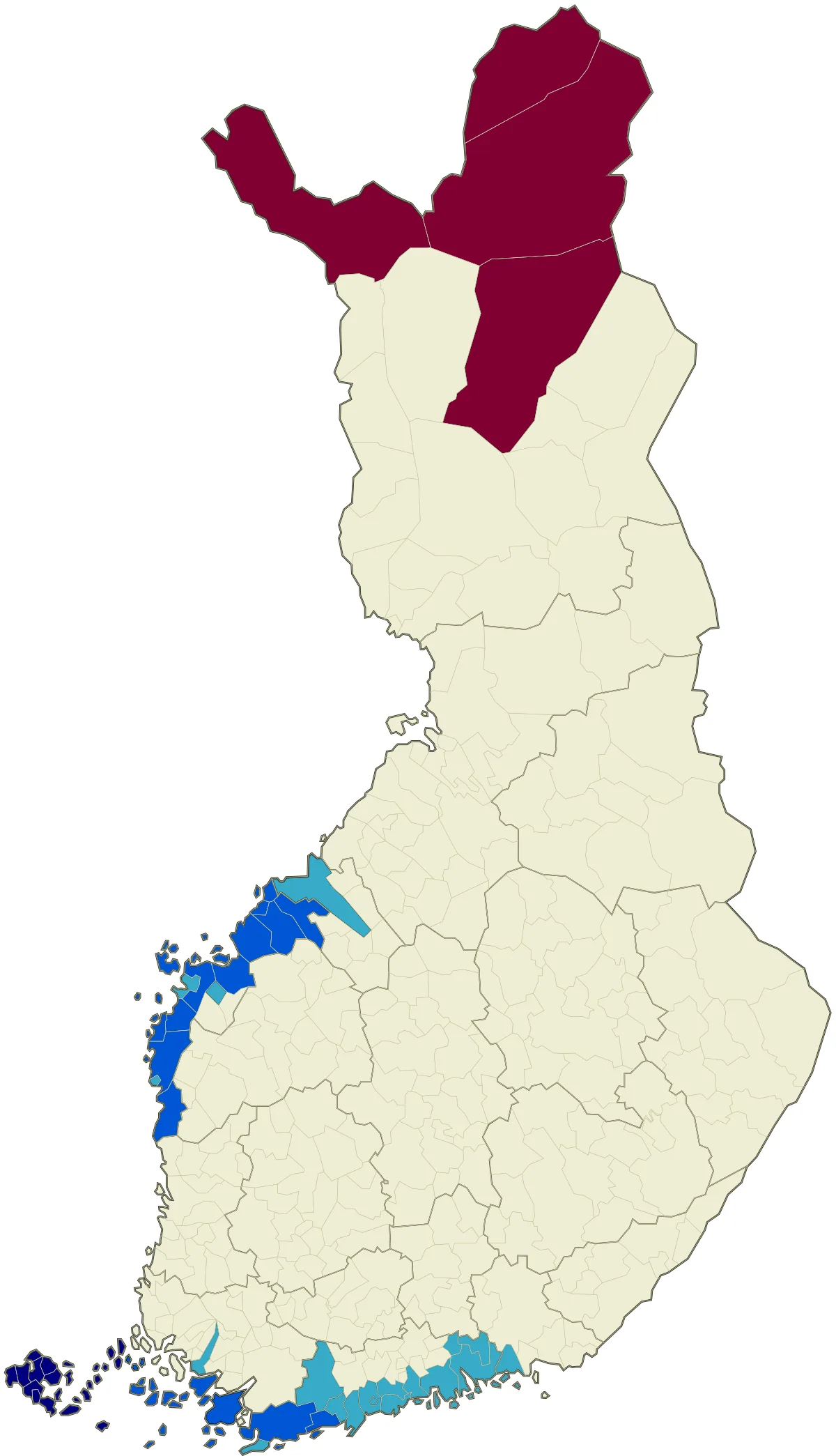 Mapa de Finlandia con municipios unilingues fineses, municipios bilingues fines sueco, municipios suecoparlantes y areas sami en 2016