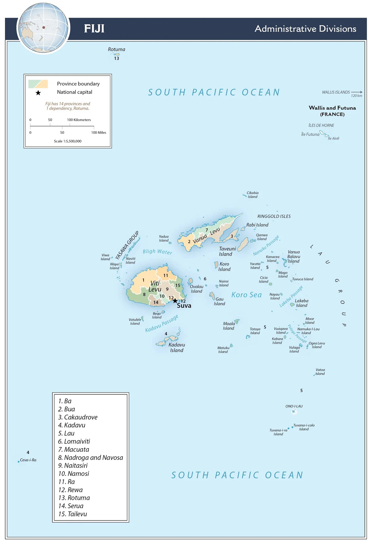 Mapa administrativo de Fiyi con provincias numeradas, Rotuma, Viti Levu, Vanua Levu, Taveuni, Kadavu, Lau, Lomaiviti y Suva