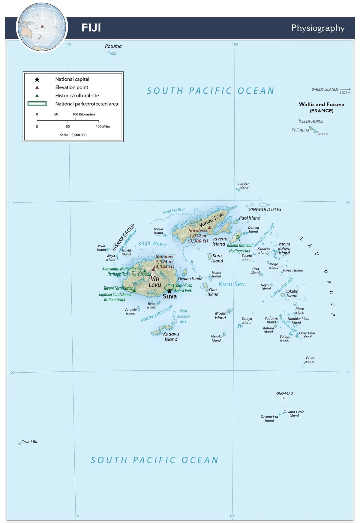 Mapa físico de Fiyi con relieve de Viti Levu y Vanua Levu, montes Tomanivi y Sorolevu, Taveuni, Kadavu, Lau, arrecifes y parques nacionales