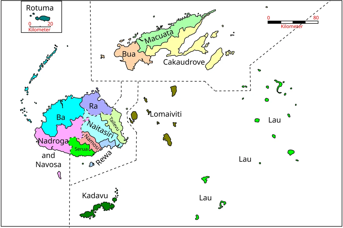 Mapa de provincias de Fiyi con Viti Levu, Vanua Levu, Kadavu, Lomaiviti, Lau, Rotuma, Ba, Bua, Cakaudrove, Macuata, Naitasiri y Rewa