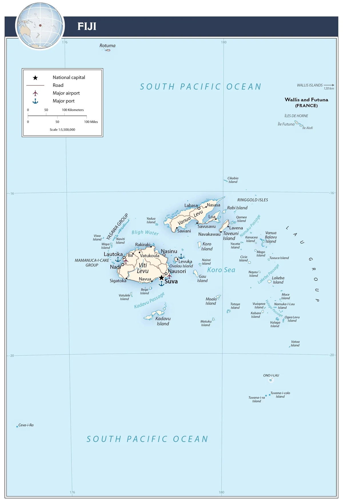 Mapa de transporte de Fiyi con carreteras, aeropuertos, puertos, Suva, Nadi, Lautoka, Labasa, Savusavu, Levuka, Taveuni y Vanua Levu