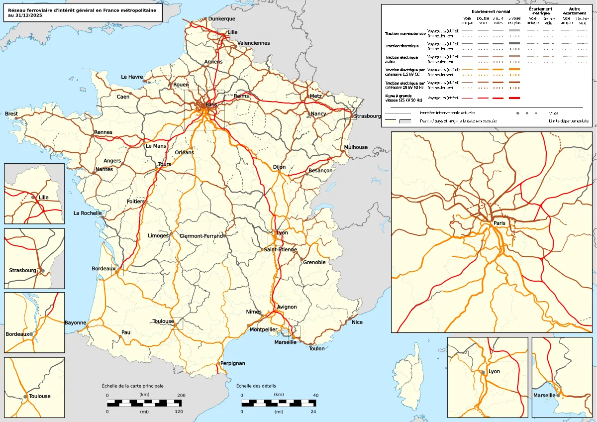 Mapa ferroviario de Francia metropolitana en 2025 con líneas de alta velocidad, red convencional e insets de París, Lyon y otras ciudades