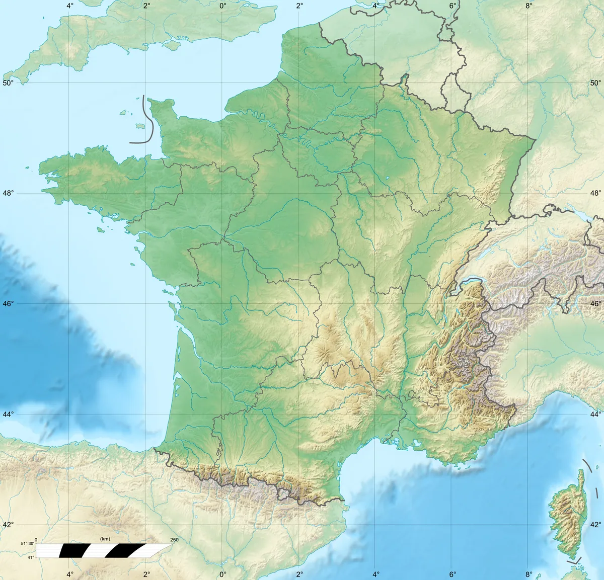 Mapa físico de Francia metropolitana con relieve, ríos, costas, Pirineos, Alpes y Córcega
