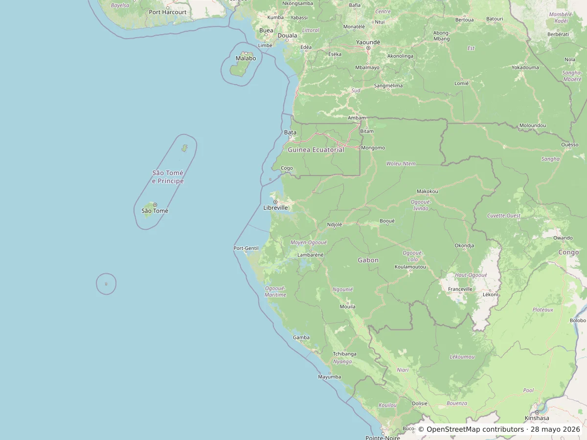 Mapa OpenStreetMap de Gabón y su entorno con Libreville, Port-Gentil, Lambaréné, Booué, Koulamoutou, Franceville, río Ogooué, Camerún, Guinea Ecuatorial y Congo