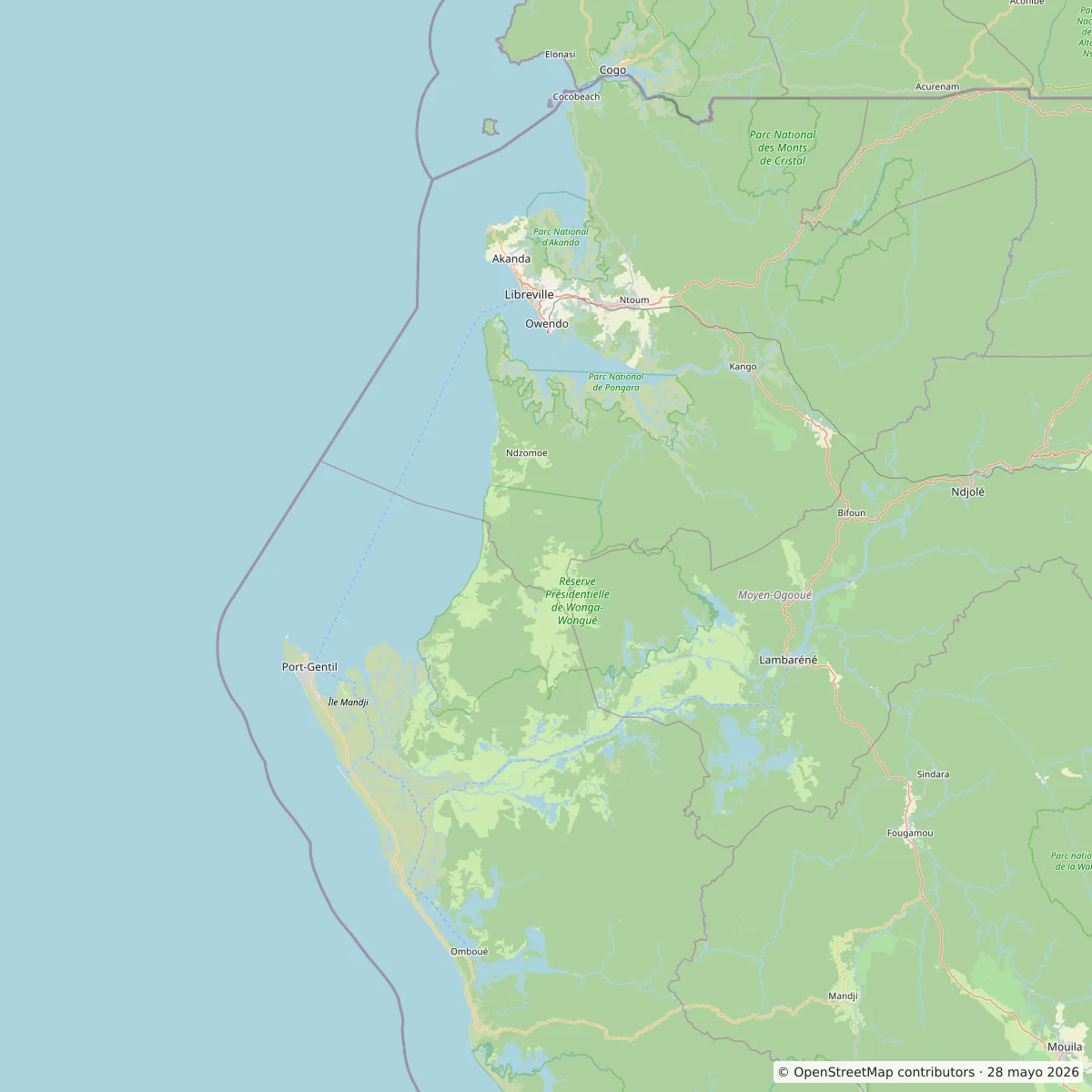 Mapa OpenStreetMap de Libreville, Owendo, Akanda, Ntoum, Kango, Port-Gentil, Lambaréné, parques de Akanda y Pongara, estuario de Gabón y costa atlántica
