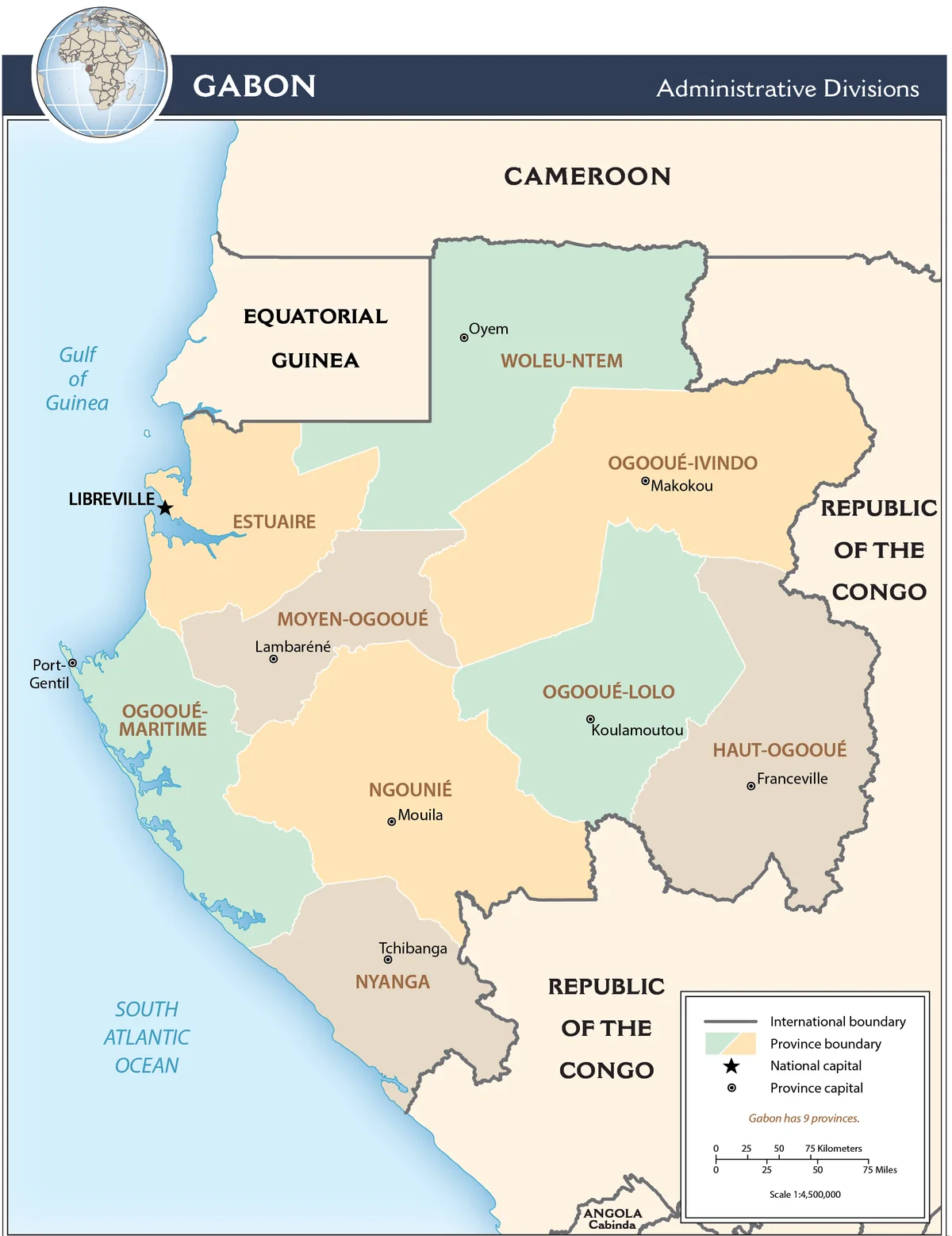 Mapa administrativo de Gabón con sus nueve provincias: Estuaire, Woleu-Ntem, Ogooué-Ivindo, Moyen-Ogooué, Ogooué-Lolo, Haut-Ogooué, Ngounié, Nyanga y Ogooué-Maritime