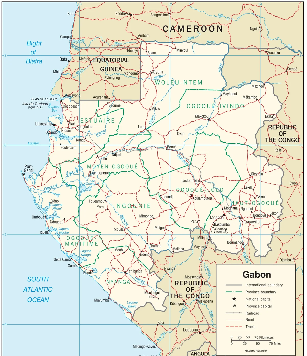 Mapa de transporte de Gabón con carreteras, pistas, ferrocarril, Libreville, Owendo, Port-Gentil, Lambaréné, Booué, Lastoursville, Moanda y Franceville