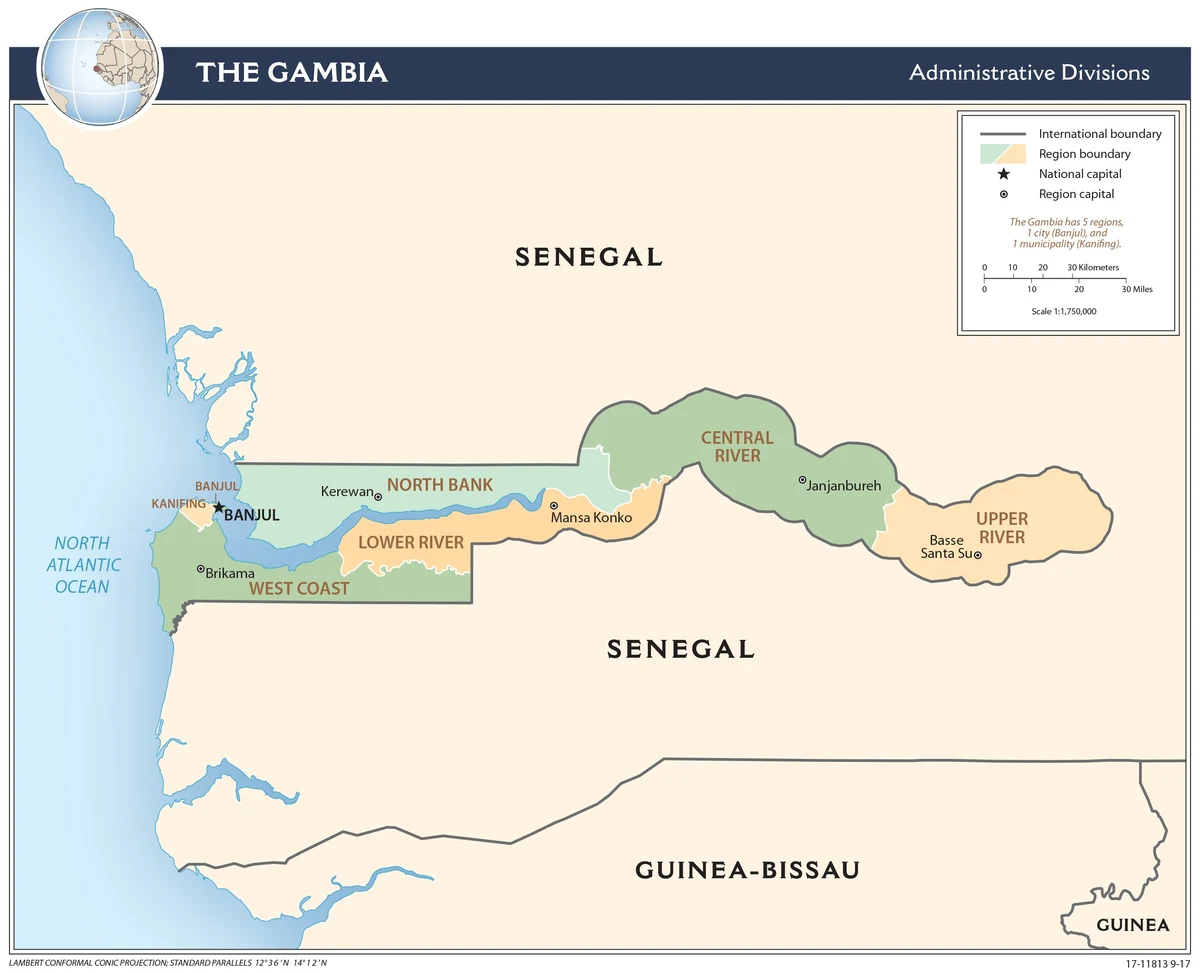 Mapa administrativo de Gambia de la CIA con divisiones regionales, Banjul, frontera con Senegal, océano Atlántico y Guinea-Bissau al sur