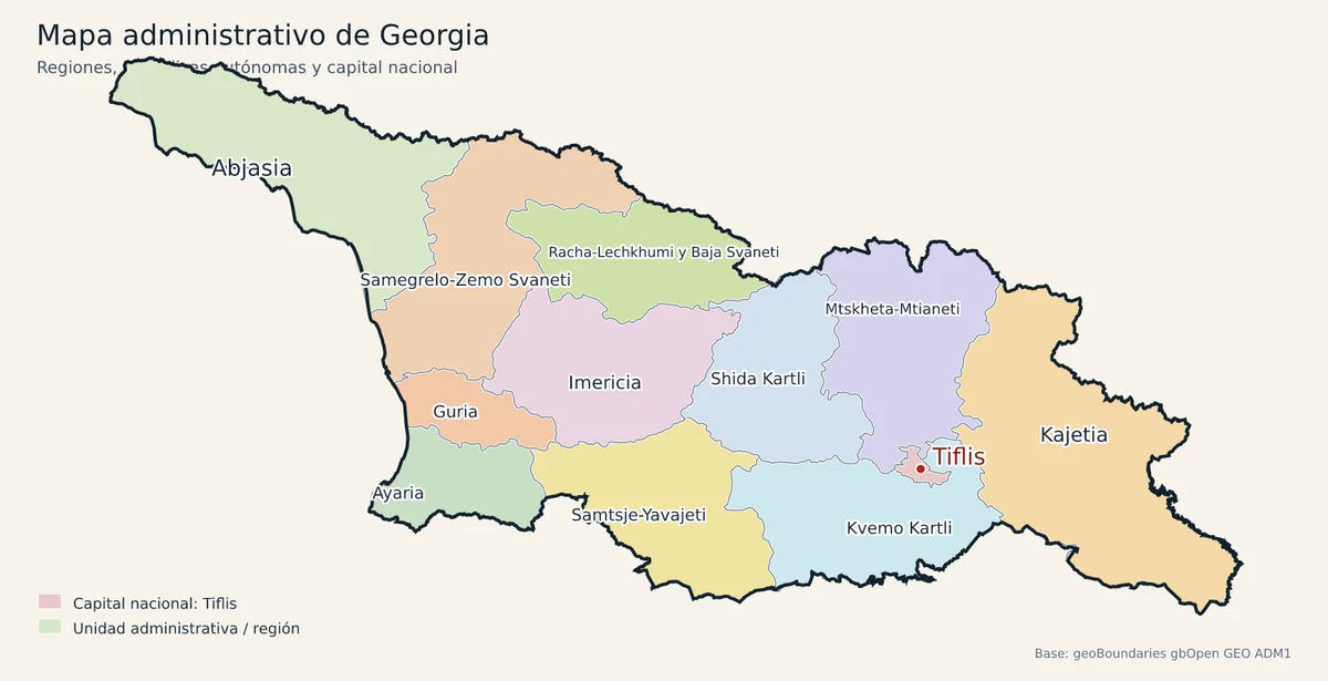 Mapa administrativo de Georgia con Abjasia, Samegrelo-Zemo Svaneti, Imericia, Ayaria, Shida Kartli, Kvemo Kartli, Kajetia y Tiflis