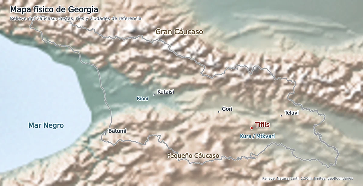 Mapa físico de Georgia con relieve del Gran Cáucaso, Pequeño Cáucaso, mar Negro, río Rioni, Kura o Mtkvari, Tiflis, Batumi y Kutaisi