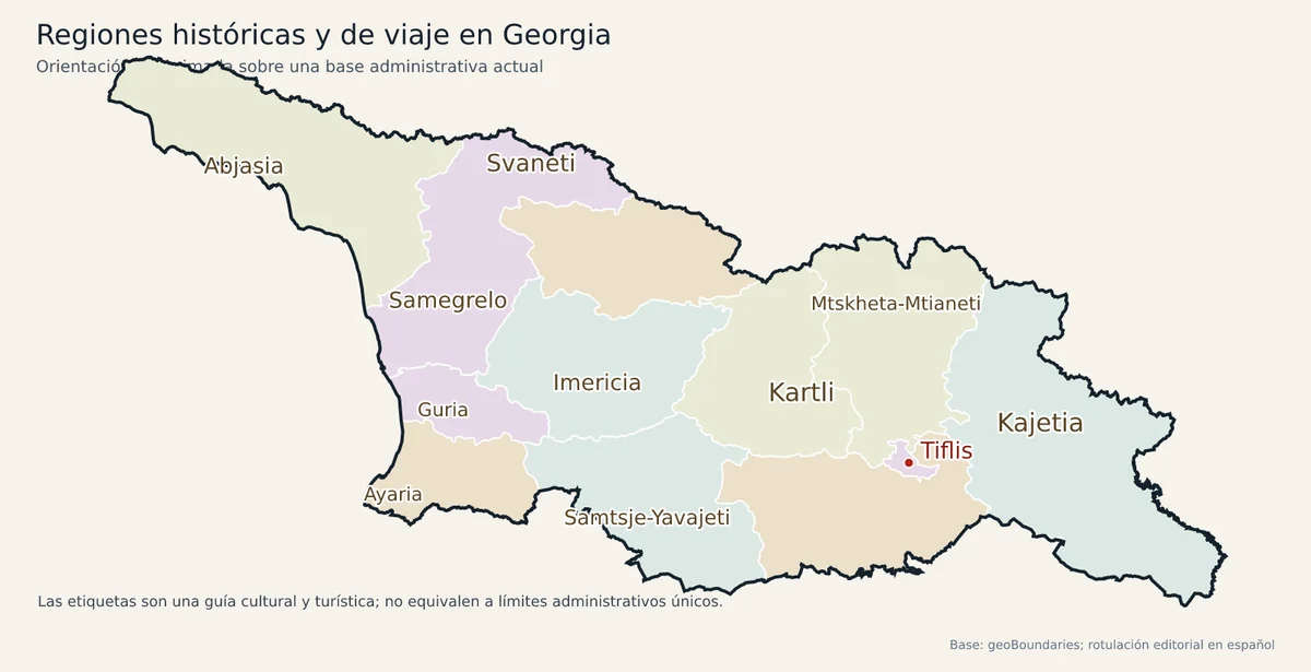 Mapa orientativo de Georgia con regiones históricas y de viaje como Svaneti, Samegrelo, Abjasia, Imericia, Guria, Ayaria, Samtsje-Yavajeti, Kartli y Kajetia