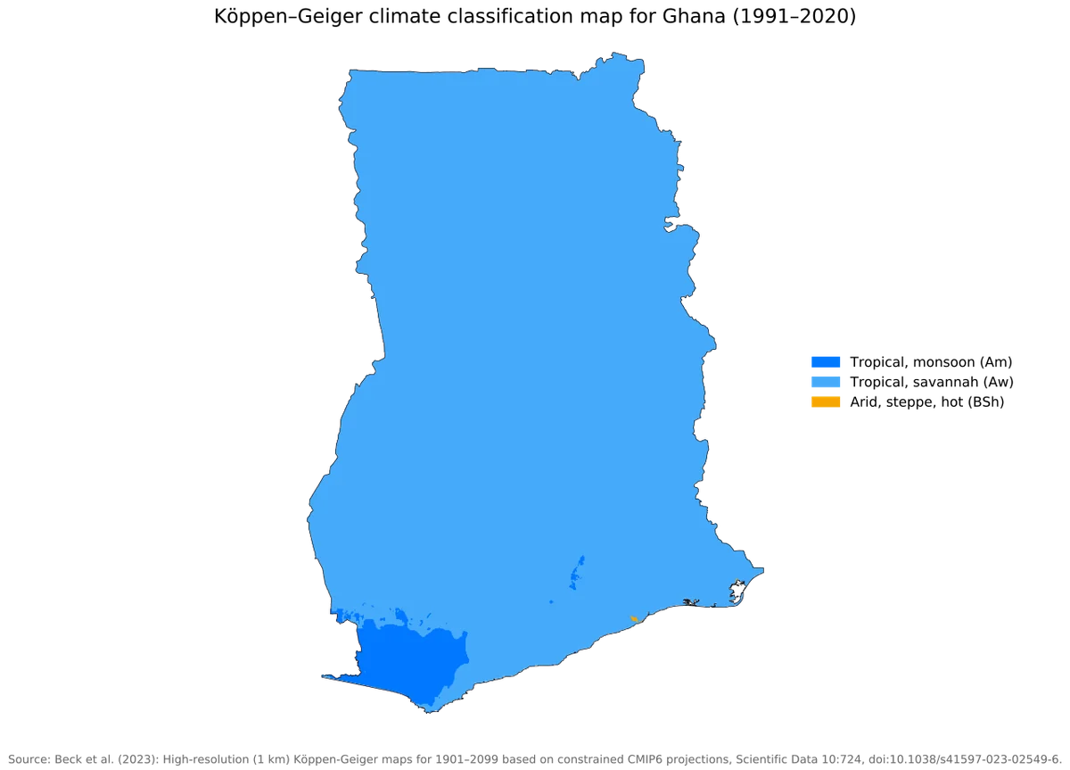 Mapa de Ghana con clasificación climática Köppen-Geiger 1991-2020 y categorías tropical de sabana, monzónico tropical y estepario cálido semiárido