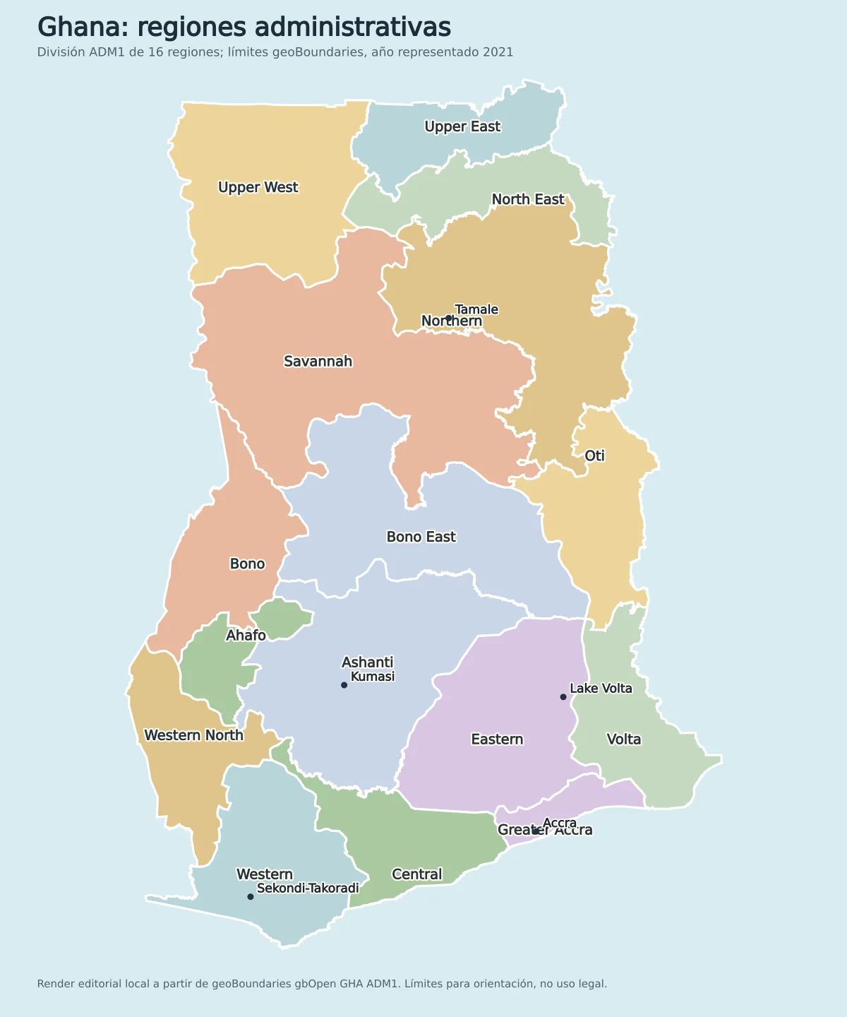 Mapa de Ghana con sus 16 regiones administrativas: Upper West, Upper East, North East, Northern, Savannah, Oti, Bono East, Bono, Ahafo, Ashanti, Eastern, Volta, Western North, Western, Central y Greater Accra