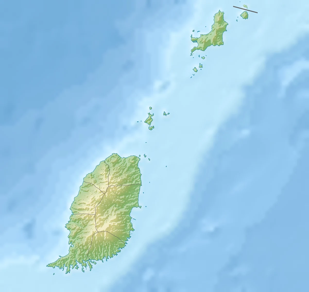 Mapa físico de relieve de Granada con la isla principal, Carriacou, Petite Martinique, relieve sombreado y fondos marinos