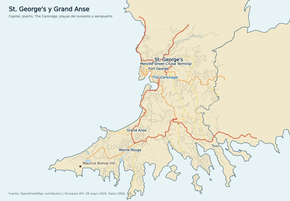 Mapa de St. George's y la costa suroeste de Granada con The Carenage, puerto de cruceros, Fort George, Grand Anse, Morne Rouge y aeropuerto Maurice Bishop