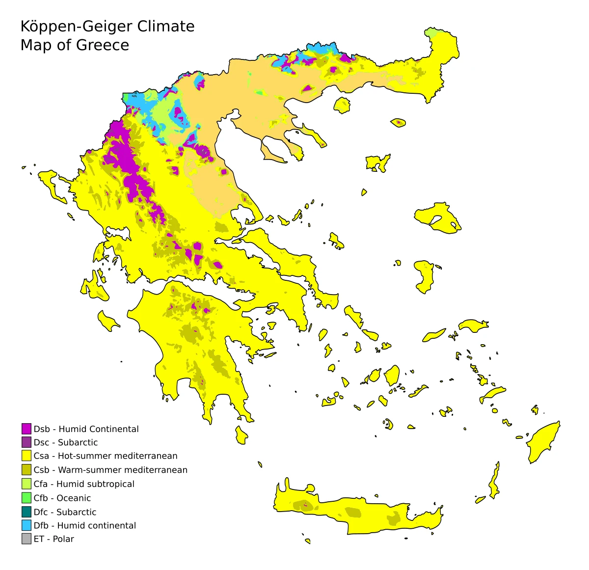 Mapa de Grecia con clasificación climática Köppen-Geiger y leyenda en inglés