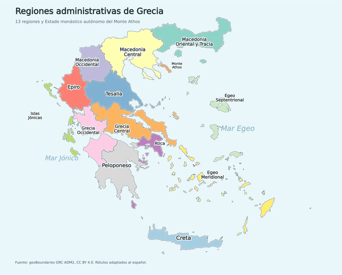 Mapa de Grecia en español con sus regiones administrativas, Creta, Ática, Macedonia Central, Tesalia, Epiro, Peloponeso y las islas del Egeo