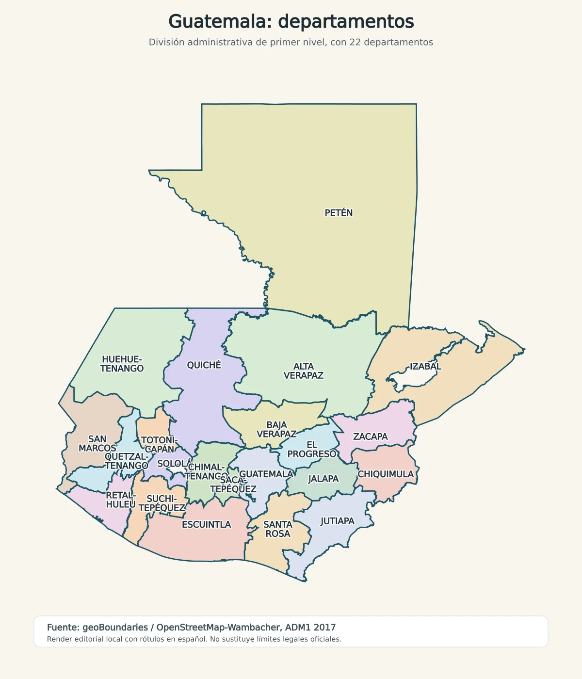 Mapa de Guatemala con los 22 departamentos: Petén, Huehuetenango, Quiché, Alta Verapaz, Izabal, San Marcos, Quetzaltenango, Totonicapán, Sololá, Chimaltenango, Sacatepéquez, Guatemala, Baja Verapaz, El Progreso, Zacapa, Chiquimula, Jalapa, Jutiapa, Santa Rosa, Escuintla, Suchitepéquez y Retalhuleu