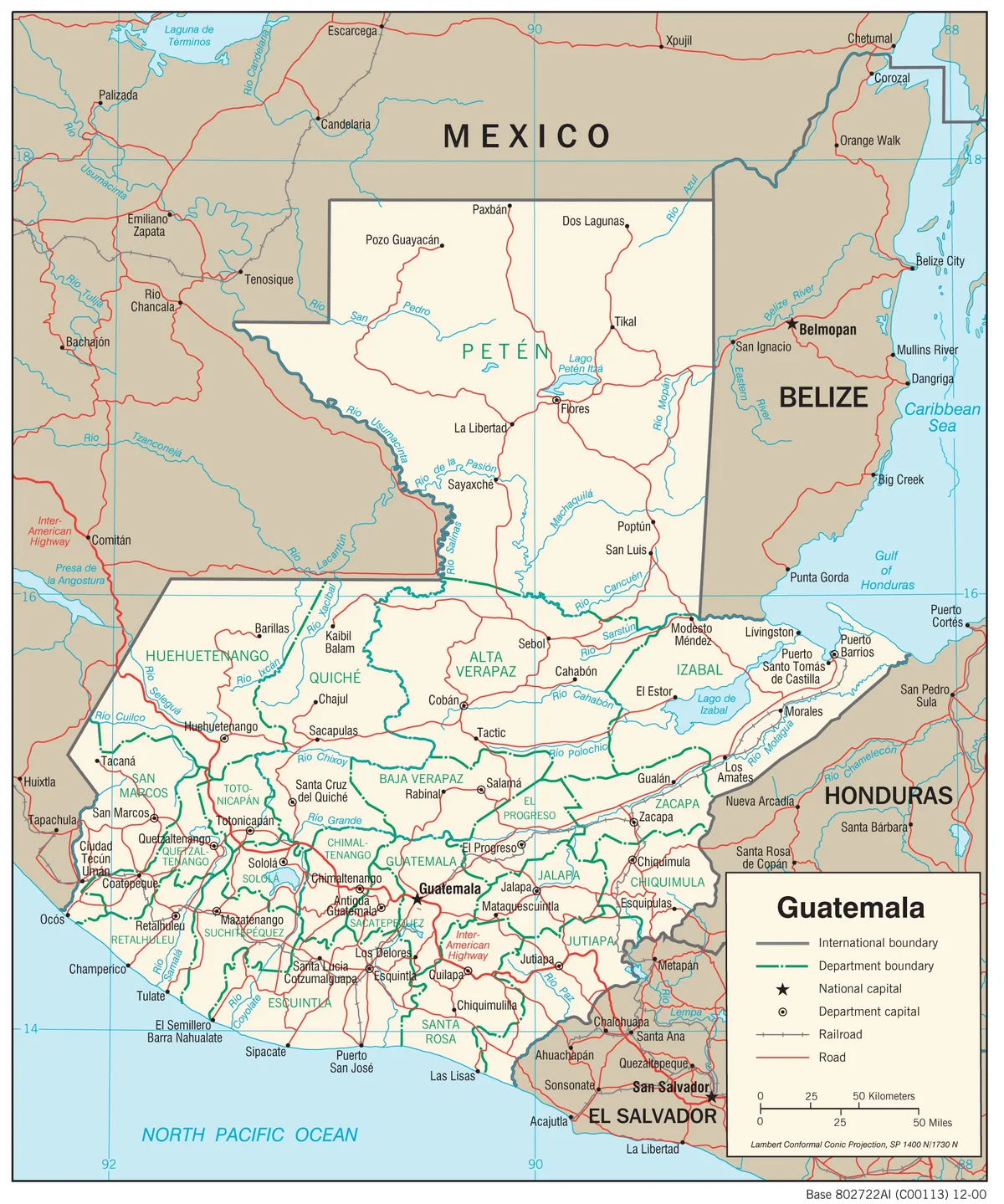 Mapa de transporte de Guatemala con carreteras, ferrocarril, Ciudad de Guatemala, Quetzaltenango, Huehuetenango, Cobán, Flores, Puerto Barrios, Escuintla, Zacapa y conexiones con México, Belice, Honduras y El Salvador