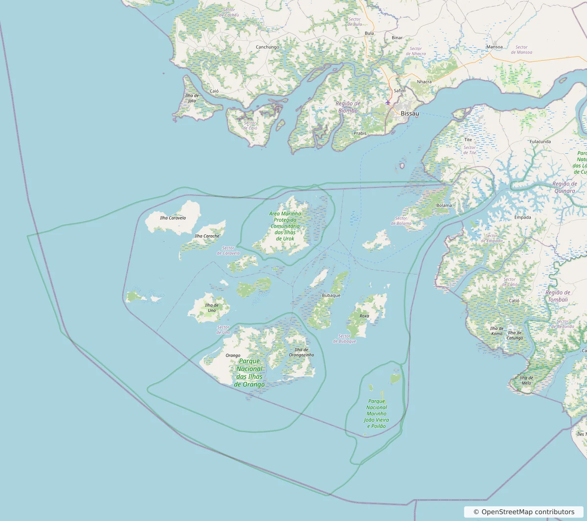 Mapa OpenStreetMap del archipiélago de Bijagós, Bolama, Bubaque, Orango, João Vieira, Poilão, Bissau, Geba y la costa de Guinea-Bisáu