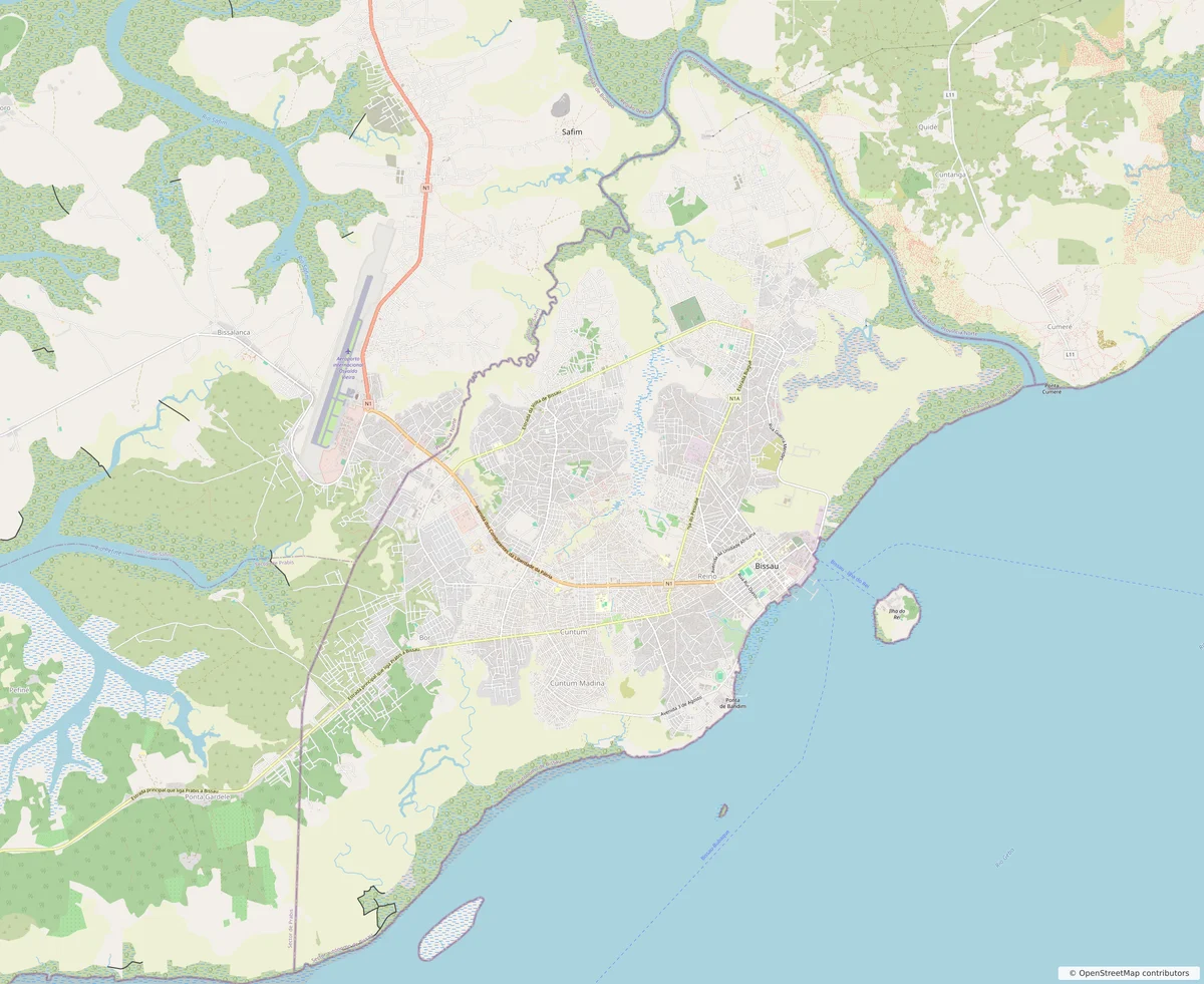 Mapa OpenStreetMap de Bissau con el centro urbano, aeropuerto, puerto, río Geba, Prabis, Safim y barrios de la capital