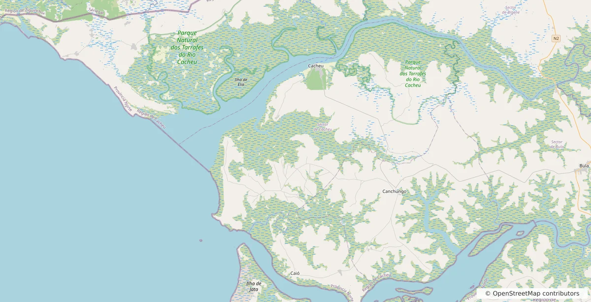 Mapa OpenStreetMap de Cacheu, Varela, São Domingos, río Cacheu, manglares y costa norte de Guinea-Bisáu