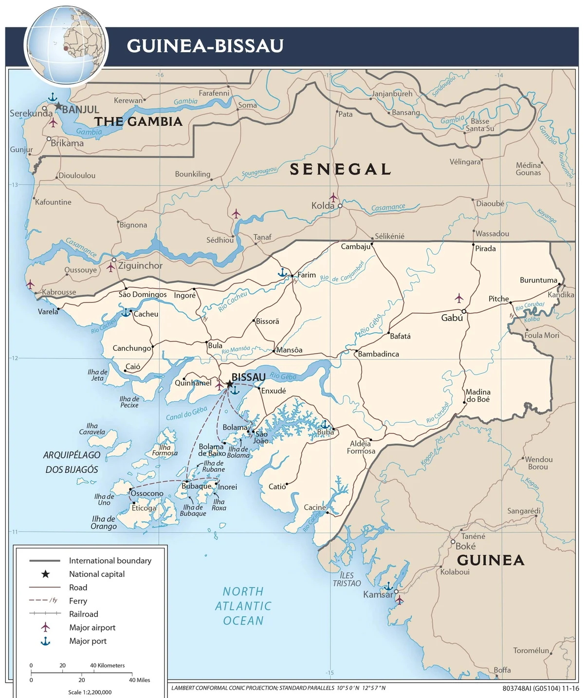 Mapa de transporte de Guinea-Bisáu con carreteras, ferris, aeropuertos, Bissau, Bafatá, Gabú, Buba, Catió, Cacheu y Bolama