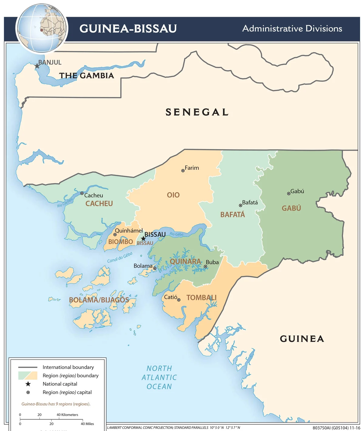 Mapa administrativo de Guinea-Bisáu con regiones, sector autónomo de Bissau, Cacheu, Oio, Bafatá, Gabú, Quinara, Tombali, Biombo y Bolama Bijagós