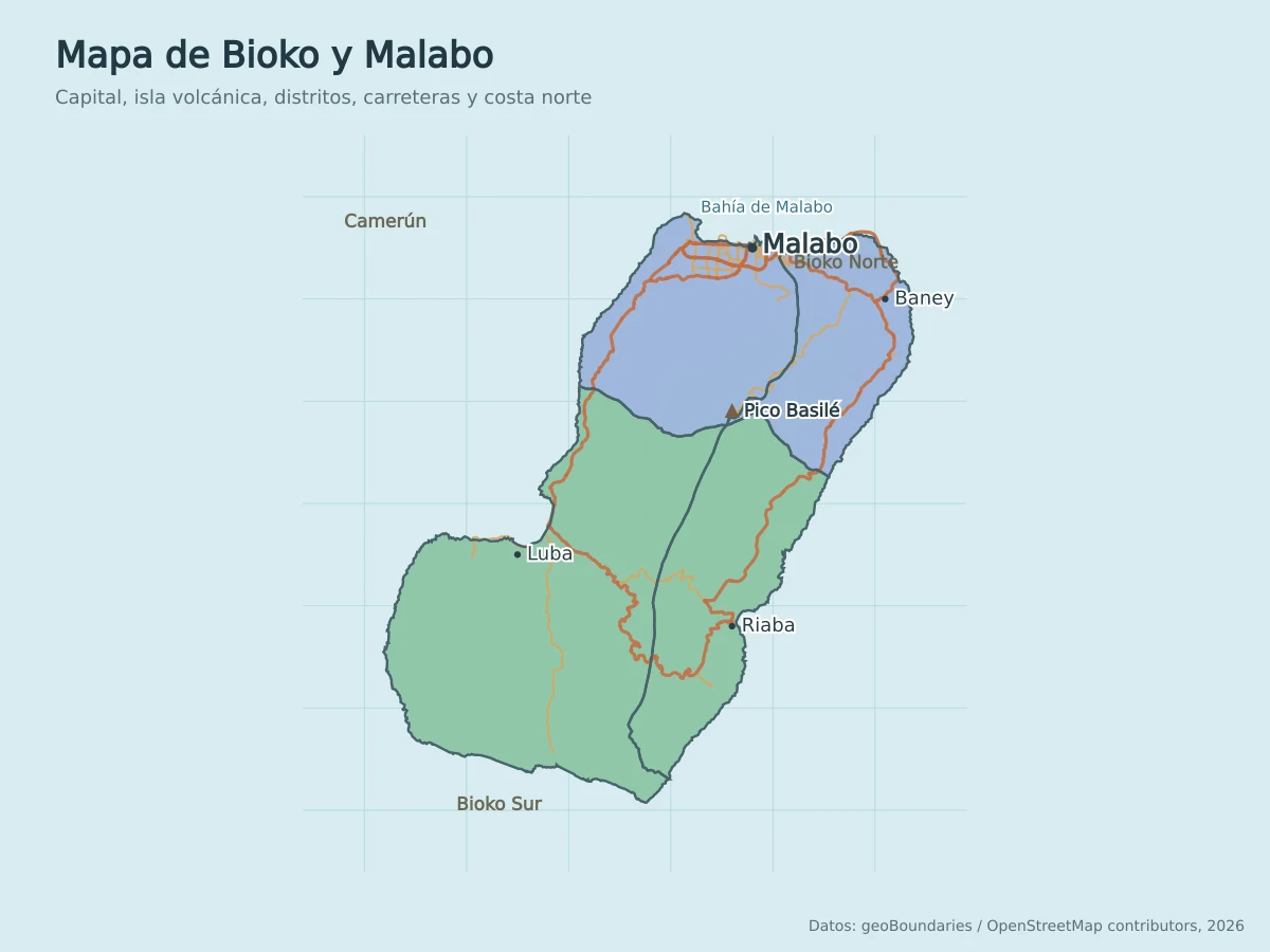 Mapa de la isla de Bioko con Malabo, Baney, Luba, Riaba, Pico Basilé, Bioko Norte, Bioko Sur y carreteras