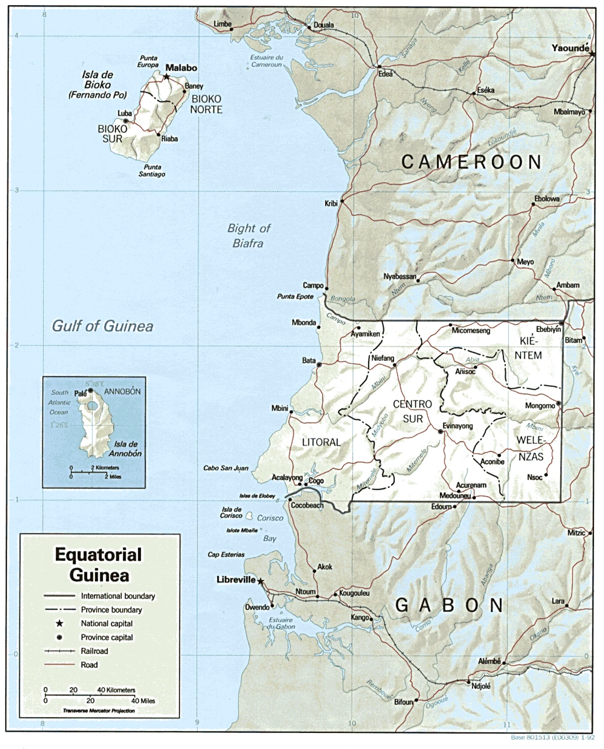 Mapa físico sombreado de Guinea Ecuatorial con Bioko, Río Muni, Annobón, relieve, ríos, carreteras, Camerún y Gabón