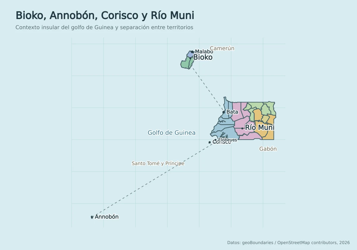 Mapa de contexto de Guinea Ecuatorial con Bioko, Annobón, Corisco, Elobeyes, Río Muni, Santo Tomé y Príncipe, Camerún y Gabón
