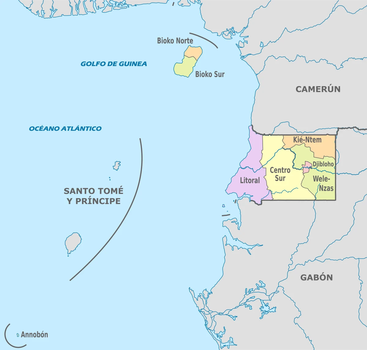 Mapa en español de Guinea Ecuatorial con las provincias Bioko Norte, Bioko Sur, Annobón, Litoral, Centro Sur, Kié-Ntem, Wele-Nzas y Djibloho