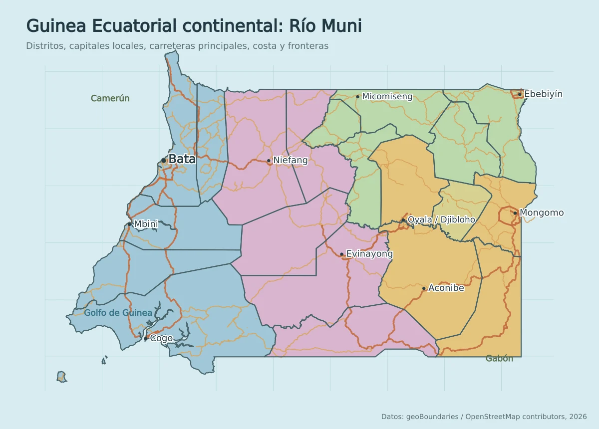 Mapa de Río Muni con Bata, Mbini, Cogo, Evinayong, Niefang, Mongomo, Ebebiyín, Djibloho, carreteras y distritos