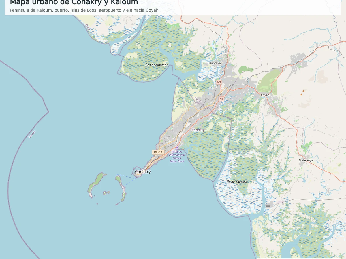 Mapa OpenStreetMap de Conakry con Kaloum, puerto, islas de Loos, aeropuerto, manglares y eje hacia Coyah