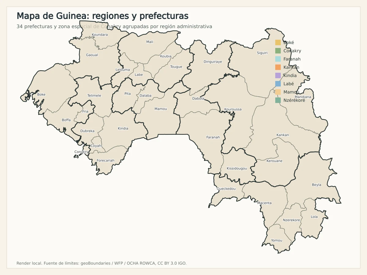 Mapa administrativo de Guinea con regiones, prefecturas y zona especial de Conakry