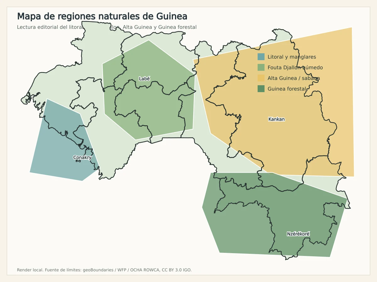 Mapa de regiones naturales de Guinea con litoral y manglares, Fouta Djallon húmedo, Alta Guinea de sabana y Guinea forestal
